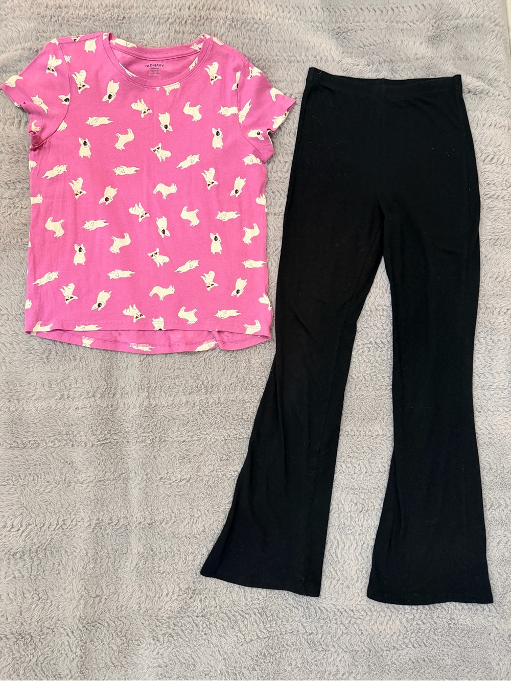Old Navy Pink Frenchie Print Short-Sleeve Tee Set with Black Flare Leggings